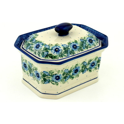 Polish Pottery Cake Box 6&quot; Blue Bell Wreath