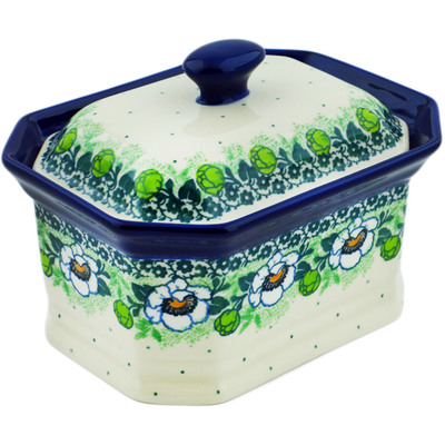 Polish Pottery Cake Box 6&quot; Green Flora