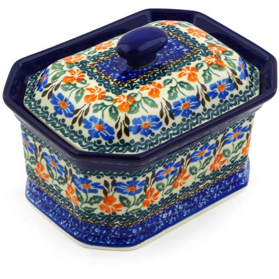 Polish Pottery Cake Box 6&quot; Orange And Blue Delight