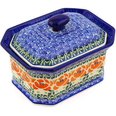 Polish Pottery Cake Box 6&quot; Orange Flower Wreath