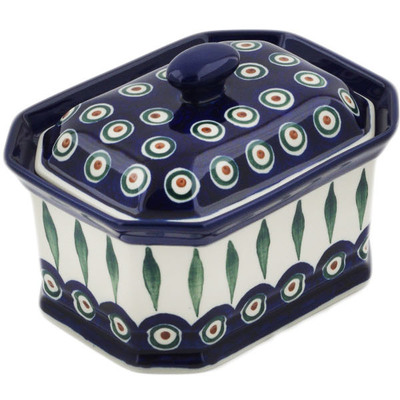 Polish Pottery Cake Box 6&quot; Peacock Leaves