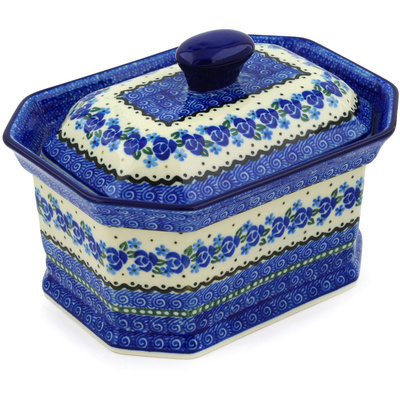 Polish Pottery Cake Box 8&quot; Blue Bud Sea