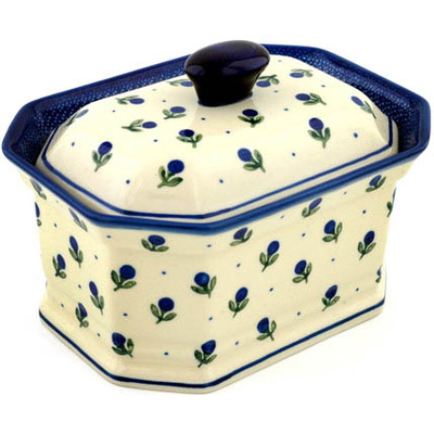 Polish Pottery Cake Box 8&quot; Blue Buds