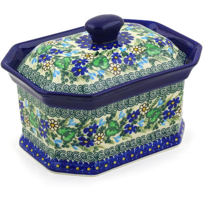 Polish Pottery Cake Box 8&quot; Blue Violet Garden UNIKAT