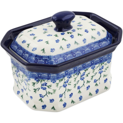 Polish Pottery Cake Box 8&quot; Cascading Blue Blossoms