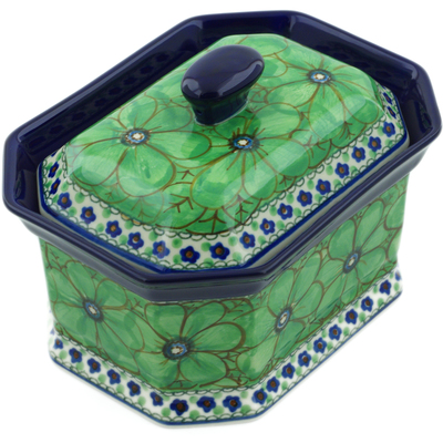 Polish Pottery Cake Box 8&quot; Green Pansies UNIKAT