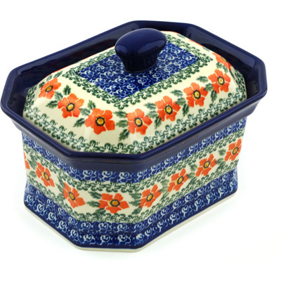 Polish Pottery Cake Box 8&quot; Little Orange Poppies