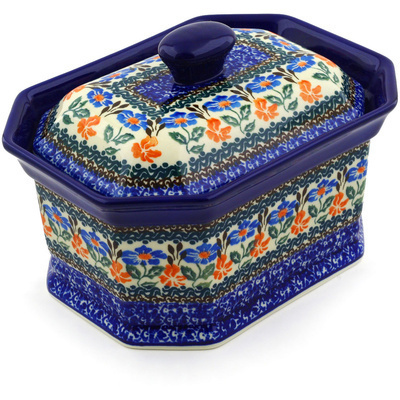 Polish Pottery Cake Box 8&quot; Orange And Blue Delight