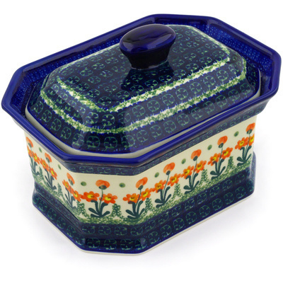Polish Pottery Cake Box 8" Peach Spring Daisy