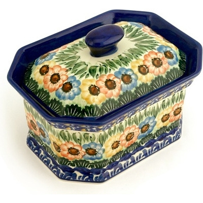 Polish Pottery Cake Box 8&quot; Primary Poppy Chain UNIKAT