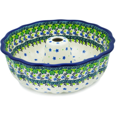 Polish Pottery Cake Mould 10&quot; Green Chrysanthemums UNIKAT