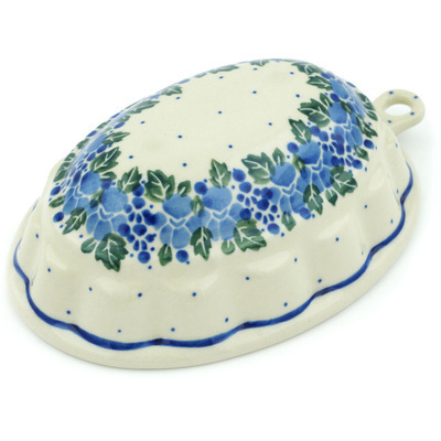 Polish Pottery Cake Mould 7&quot; Blue Speckle Garland