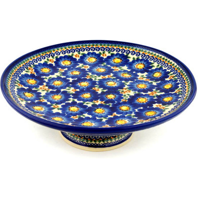 Polish Pottery Cake Stand 10&quot; Flooding Blues UNIKAT