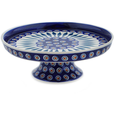 Polish Pottery Cake Stand 10&quot; Peacock Leaves