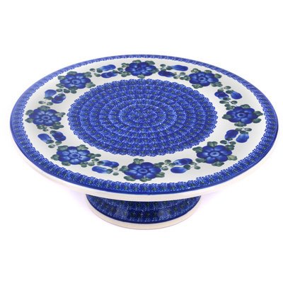 Polish Pottery Cake Stand 11&quot; Blue Poppies