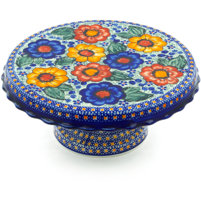 Polish Pottery Cake Stand 11&quot; Bold Pansy UNIKAT