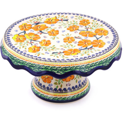 Polish Pottery Cake Stand 11&quot; Golden Floral UNIKAT