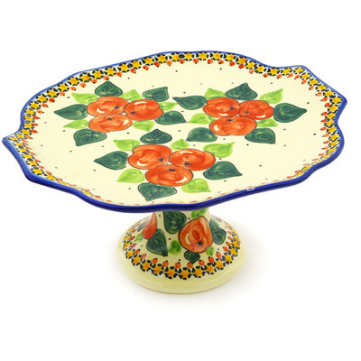Polish Pottery Cake Stand 11&quot; Red Apples UNIKAT