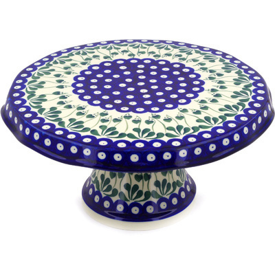 Polish Pottery Cake Stand 12&quot; Bleeding Heart Peacock