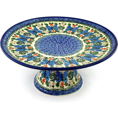 Polish Pottery Cake Stand 12&quot; Blue Butterfly Brigade UNIKAT