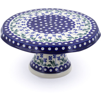 Polish Pottery Cake Stand 12&quot; Blue Clover Peacock