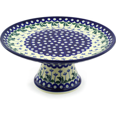 Polish Pottery Cake Stand 12&quot; Blue Daisy Peacock