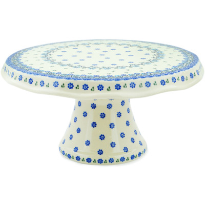Polish Pottery Cake Stand 12&quot; Blue Delicate Flower