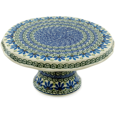 Polish Pottery Cake Stand 12&quot; Blue Fan Flowers