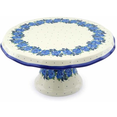 Polish Pottery Cake Stand 12&quot; Blue Rose