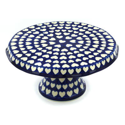 Polish Pottery Cake Stand 12&quot; Hypnotic Hearts