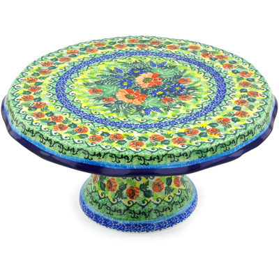 Polish Pottery Cake Stand 12&quot; Peach Rose Meadow UNIKAT