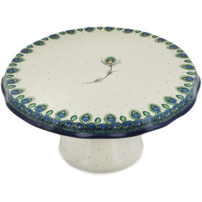 Polish Pottery Cake Stand 12&quot; Peacock Feather