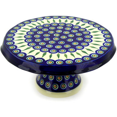 Polish Pottery Cake Stand 12&quot; Peacock Leaves