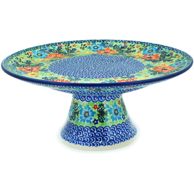 Polish Pottery Cake Stand 12&quot; Red Floral Delight UNIKAT