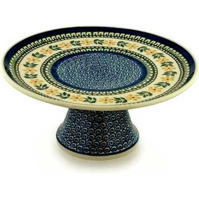 Polish Pottery Cake Stand 12&quot; Yellow Daisy Swirls