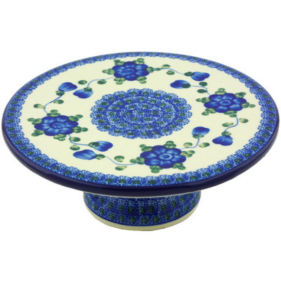 Polish Pottery Cake Stand 8&quot; Blue Poppies