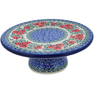 Polish Pottery Cake Stand 8&quot; Red Pansy