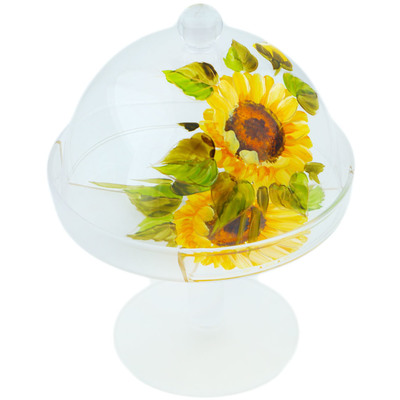 Glass Cake Stand 9&quot; Frosty Sunflower