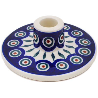 Polish Pottery Candle Holder 0&quot; Peacock Leaves