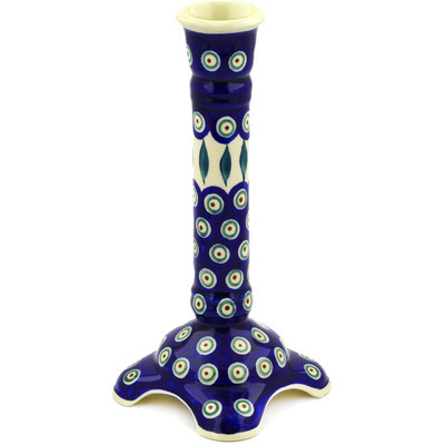 Polish Pottery Candle Holder 10&quot; Peacock Leaves