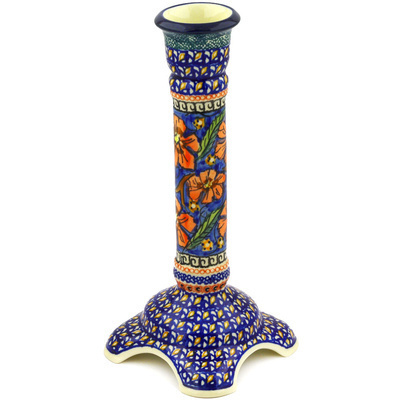 Polish Pottery Candle Holder 10&quot; Poppies UNIKAT