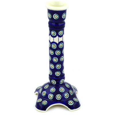 Polish Pottery Candle Holder 10&quot; Traditional Peacock