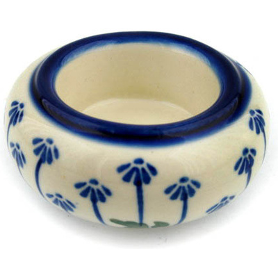 Polish Pottery Candle Holder 3&quot; Blue Daisy Peacock