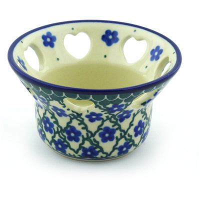 Polish Pottery Candle Holder 4&quot; Blue Daisy Trellis