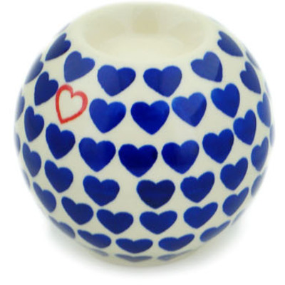 Polish Pottery Candle Holder 4&quot; Blue Heart Love