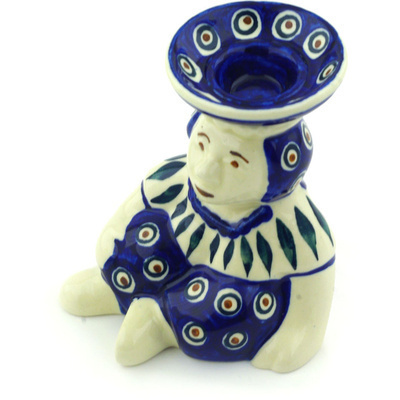 Polish Pottery Candle Holder 4&quot; Blue Peacock