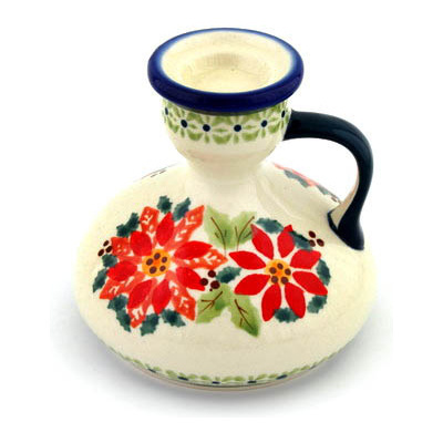 Polish Pottery Candle Holder 4&quot; Christmas Poinsettias