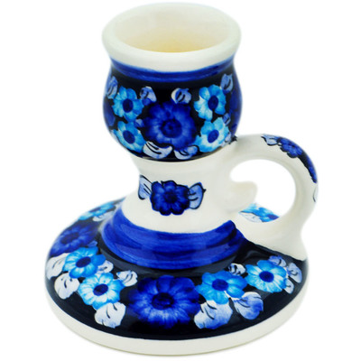 faience Candle Holder 4&quot; Cobalt Flowers