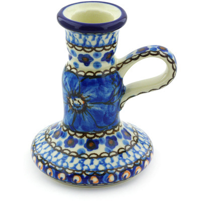 Polish Pottery Candle Holder 4&quot; Cobalt Poppies UNIKAT