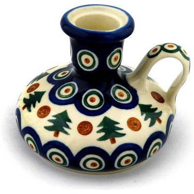 Polish Pottery Candle Holder 4&quot; Cranberries And Evergree